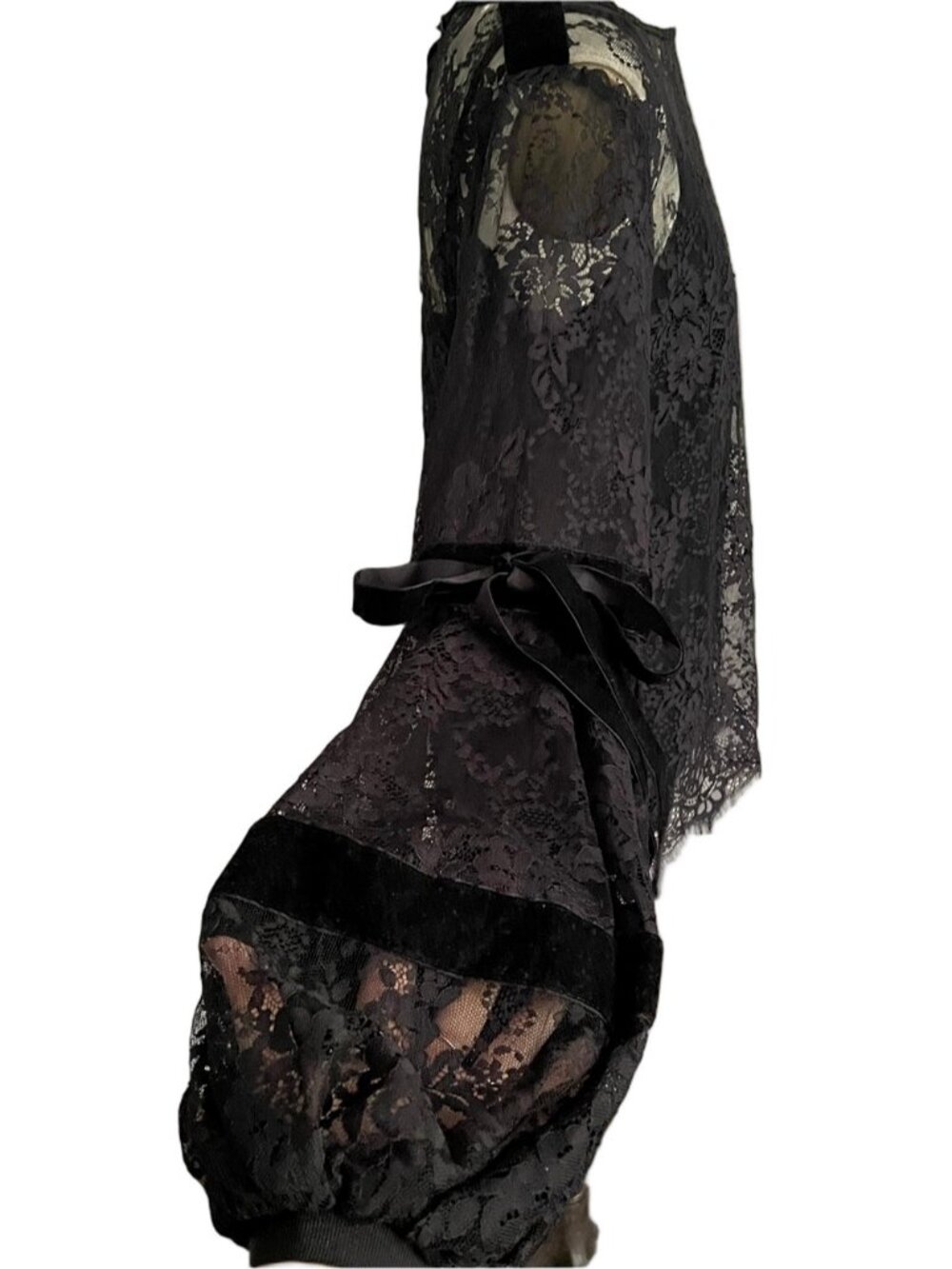 Alberto Makali Black Sheer Lace Velvet Trim Lantern Sleeve Top - Medium - Picture 6 of 15